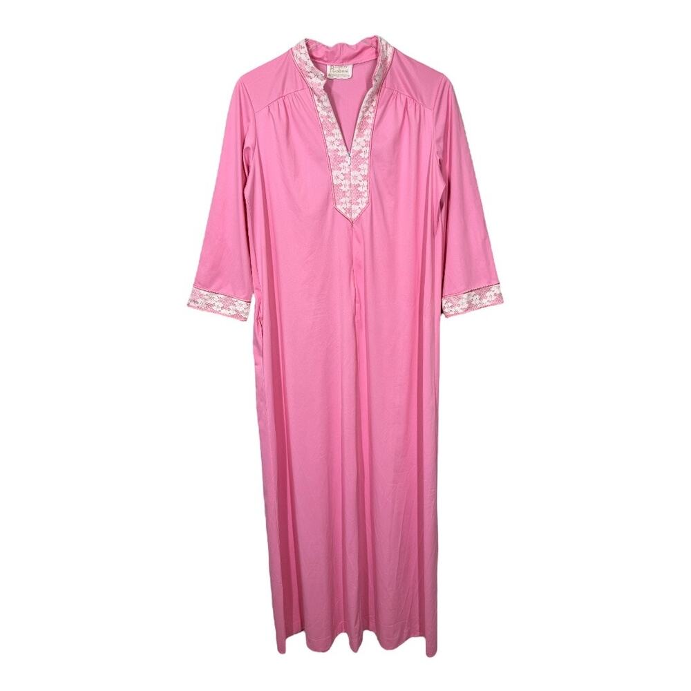 Vintage JC Penney Robe Pink Lace Trim House Dress Small Zip Front Nylon Pockets